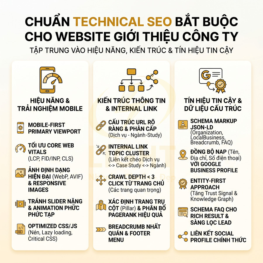 Checklist chuẩn technical SEO cho website giới thiệu công ty, tập trung hiệu năng, kiến trúc và tín hiệu tin cậy